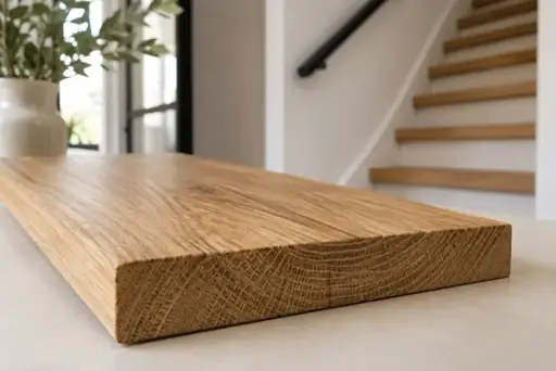 Close-up van de warme nerf en massieve rand van een eiken trapstaal