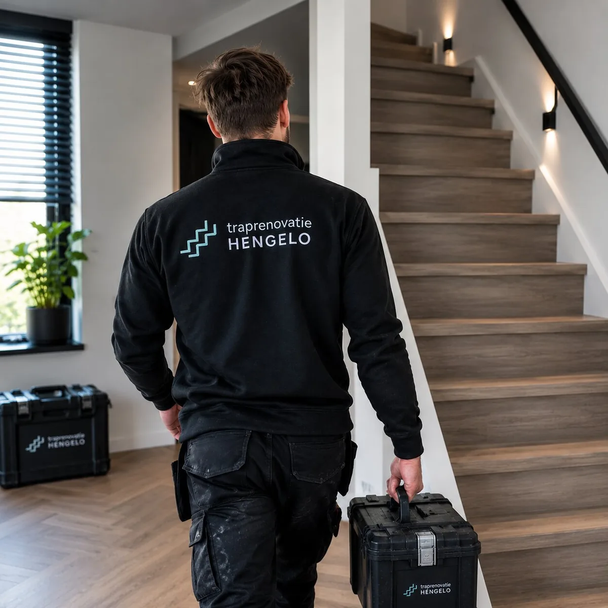Een monteur in donkerblauwe werkkleding meet een eiken trede nauwkeurig met een mal en potlood